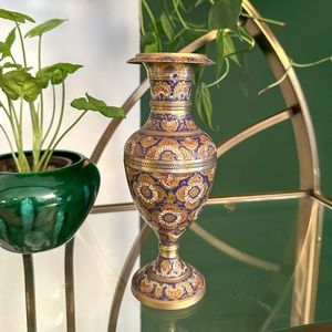 Vintage Etched Brass Enameled Blue & Red Floral Lipped Edge Bottleneck Bud Vase